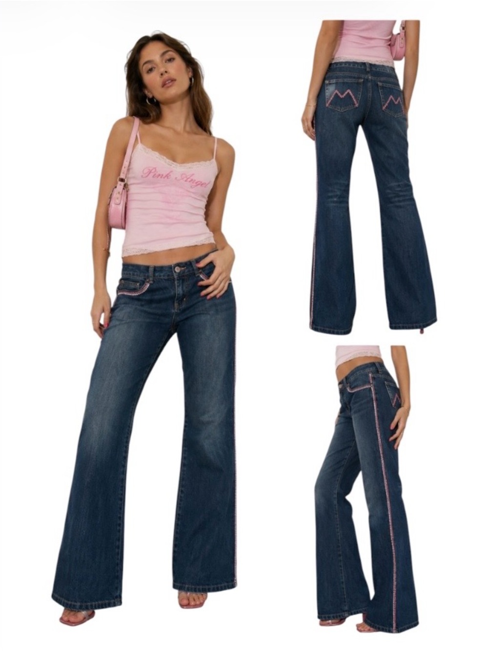 Moiselle Barbiecore Blue Jeans Flare Leg Pink Rhinestone Detail Sz (38)= US Sz 6